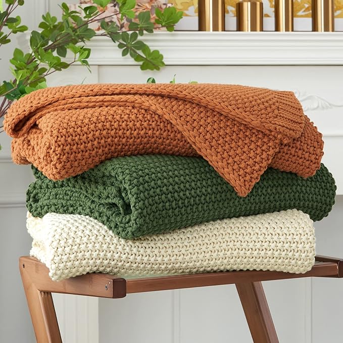 Chunky Cable Knit Throw Blanket Lightweight Cream 100% Organic Cotton Blanket for Sofa Couch Bed Baby Nursery, Rustic Shabby Chic Modern Farmhouse, 60” x 80” Give Laundering Bag