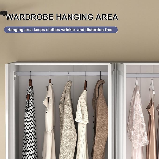 Armoire Wardrobe Closet with Drawers: 74" White Wardrobe Close with 4 Doors, Tall Armoire with Hanging Rod, Large Wood Clothes Cabinet for Bedroom (White, 63")
