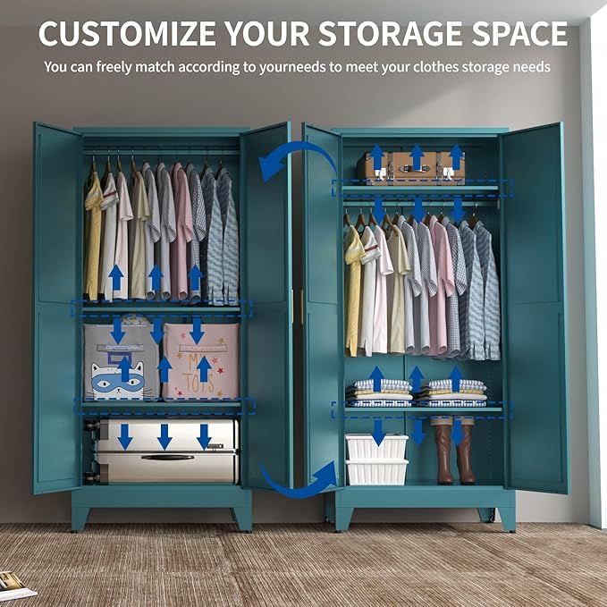 Steel Armoire Wardrobe Closet, 71" Metal Clothing Storage Cabinets with 2 Doors & 2 Adjustable Shelves, Blue Wardrobe Cabinet with Hanging Rod for Bedroom, Gym