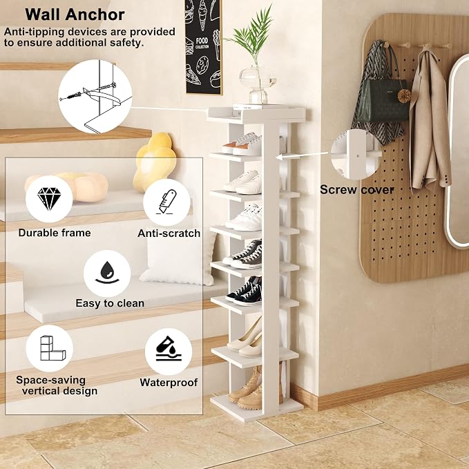 HOMEFORT 7-Tier Wood Shoe Rack, Entryway Shoe Tower,Vertical Shoe Organizer, Wooden Shoe Storage Stand, White - Image 5