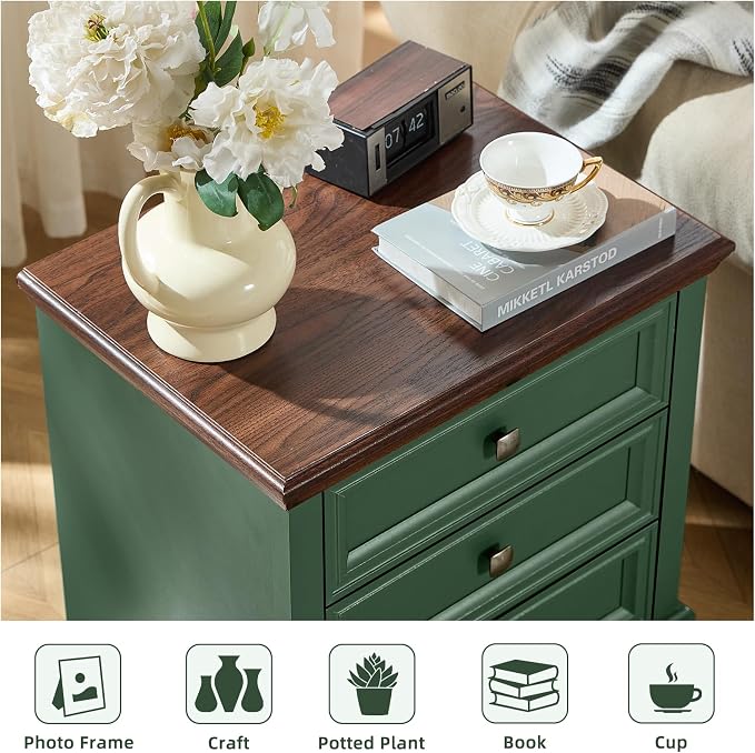 SAVOR LIFE Farmhouse Nightstand with 3 Drawers, Rustic Couch End Table with 4 Square Solid Wood Legs, Mid-Century Vintage Bed Side Table with Storage, Small Dresser for Bedroom, Living Room, Green - Image 4