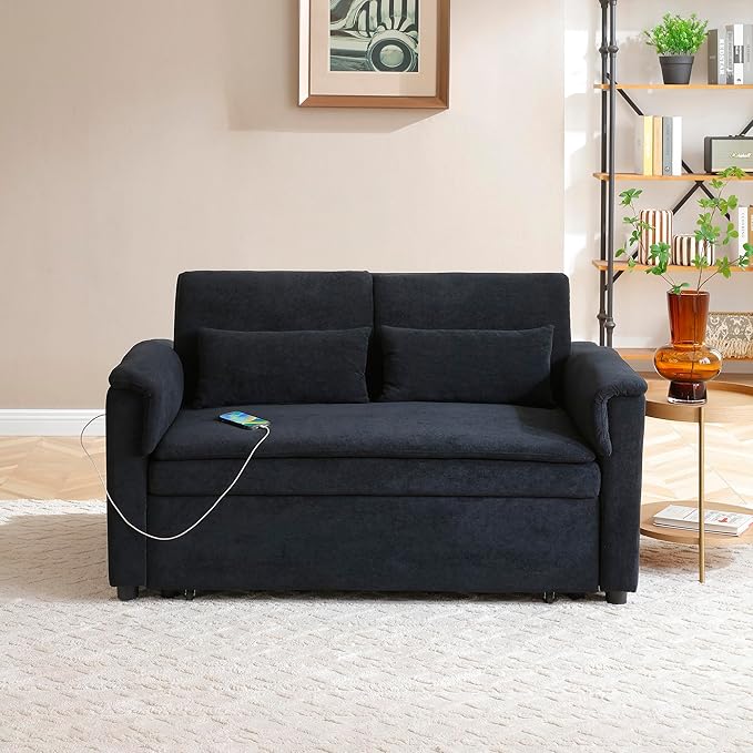 55" Convertible Loveseat Pull Out Sofa Bed for Living Room 3 in 1 Multi-Functional Sleeper Sofa Chaise Lounge Daybed Sofacama w/Adjustable Backrest,USB Ports,Side Pockets