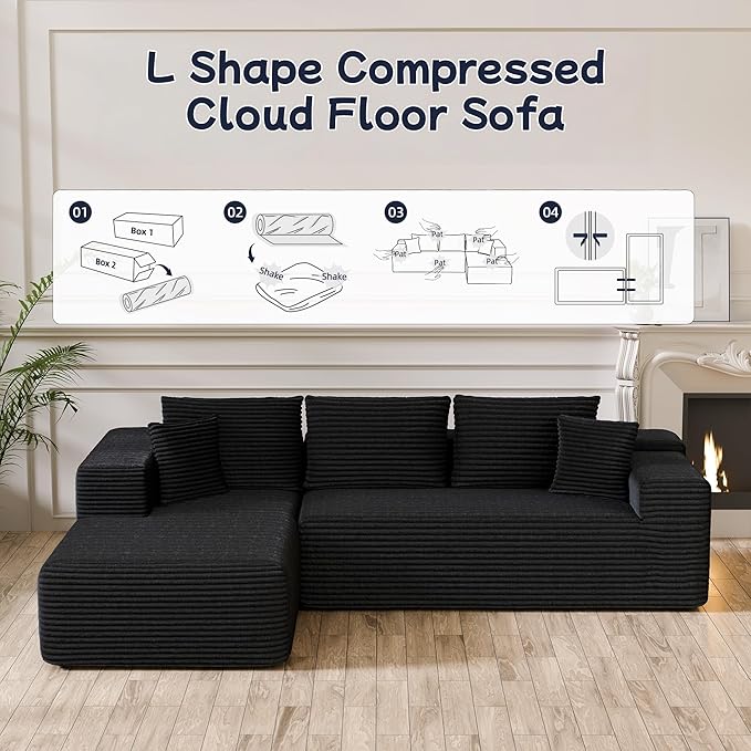 104” Sectional Cloud Couch, L-Shape Compressed Sofa with Right Chaise Lounge, Modern Modular Cloud Couches with 2 Pillows & Deep Seat, Flannel Velvet Floor Sofa for Living Room, Black