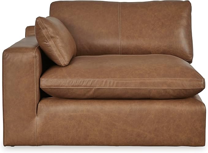 Signature Design by Ashley Emilia Modern Leather Match 2-Piece Sectional Loveseat with Loose Back Cushions and 2 Bolster Pillows, Light Brown