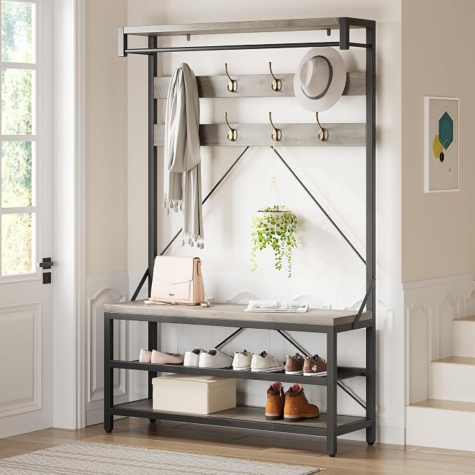 IDEALHOUSE Coat Rack Shoe Bench Industrial Hall Tree Storage Bench for Entryway Wood Look Accent Large Shoe Rack with Storage Shelf Hanging Bar,8 Hooks Grey 39.9"x15.7"x72" by IDEALHOUSE