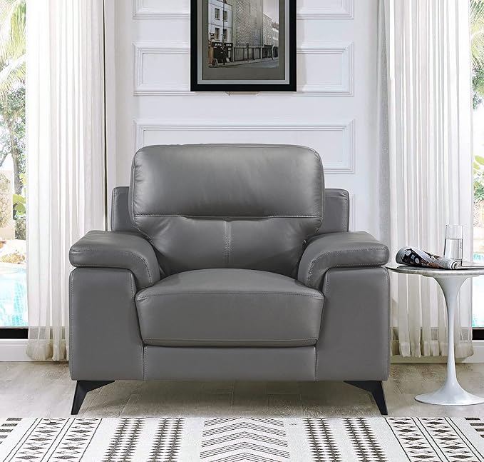 Lexicon Leather Chair, Oversized Chair, Top Grain Leather Lounge Chair, Modern Sofa Arm Chair for Living Room, Bedroom, Office, Apartment, Armchair, Dark Gray