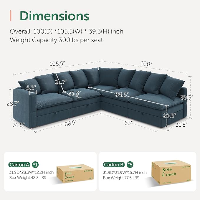 HONBAY Modular Sectional Sofa, 5 Seaters Corduroy Sectional Couch, L Shaped Sofa with Storage & Adjustable Backrest, Blue