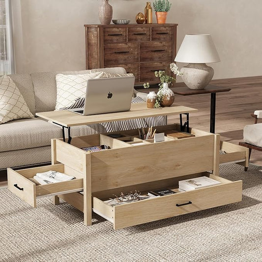 Bonzy Home Lift Top Coffee Table, Wooden Center Table with 3 Drawers and Hidden Compartments, Rectangle Coffee Table for Living Room, Natural Oak