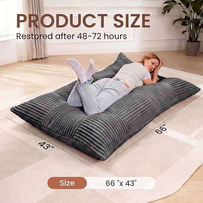 HOMRELEXA Giant Bean Bag Chair, 3-in-1 Convertible Bean Bag Floor Cushion with Washable Cover,Beanbag Chairs for Adult, Living Room, Bedroom, Grey