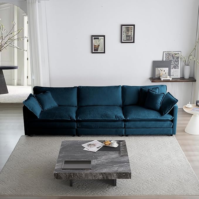 KEIKI Combination Sofa, Upholstered 3 Seater Couch, Oversized L Shaped Sectional Sofa with Reversible Ottoman for Living Room Bedroom Office, Blue