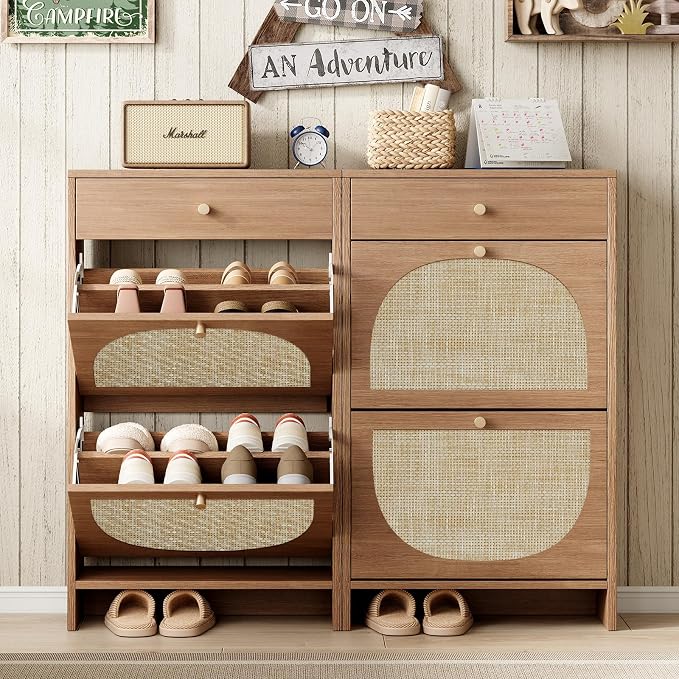 Nicetree Shoe Cabinet for Entryway, Slim Shoe Rack with 2 Flip Drawers and Top Storage Drawer, Narrow Shoe Organizer with Printed Rattan-Look Design, Entryway Shoe Storage for Size 12 Shoes, Caramel - Image 7