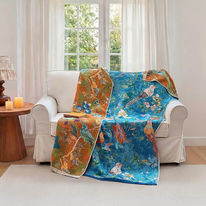 Boho Throw Blanket - 100% Cotton Ultra Soft Muslin Spring Blanket, 50"x60" Lightweight Floral Bird Printed Framhouse Bedding Blanket for Bed, All Season Blue Bohemian Bedroom Home Decor Quilt