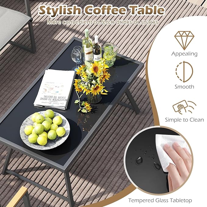 Tangkula 4 Piece Patio Furniture Set, Outdoor Metal Conversation Set with Padded Fabric Seat & Wood-Plastic Armrests, Sectional Sofa Set with Tempered Glass Coffee Table for Backyard, Porch (Gray)