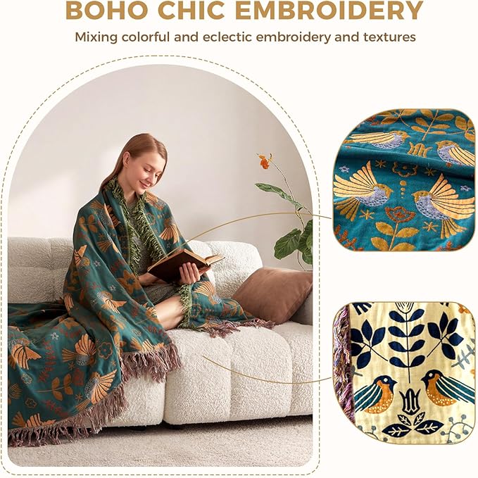 Boho Throw Blanket for Bed 100% Cotton Soft Lightweight Quilt Blanket Bird Floral Embroidery Spring Room Decor Large Bed Blankets,90"x98" All Season Rustic Throw for Sofa Couch Chair