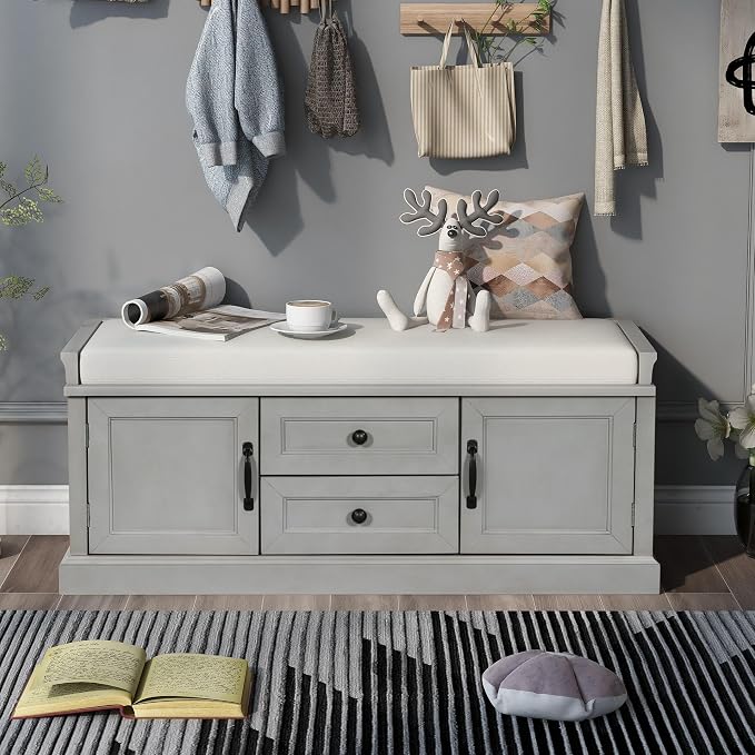 GDFStudio Rustic Storage Bench with 4 Doors 2 Draws Adjustable Shelves Removable Cushion Rectangular Cabinet Foot Rest Stool Solid Wood Shoe Bench Seating for Entryway Living Room, Gray Wash - Image 3