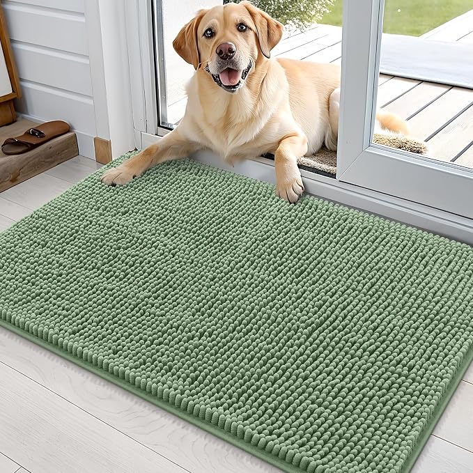 OLANLY Dog Door Mat for Muddy Paws 35x24, Absorbs Moisture and Dirt, Absorbent Non-Slip Washable Doormat, Quick Dry Chenille Mud Mat, Entry Indoor Entryway Carpet for Inside Floor, Olive Green by OLANLY