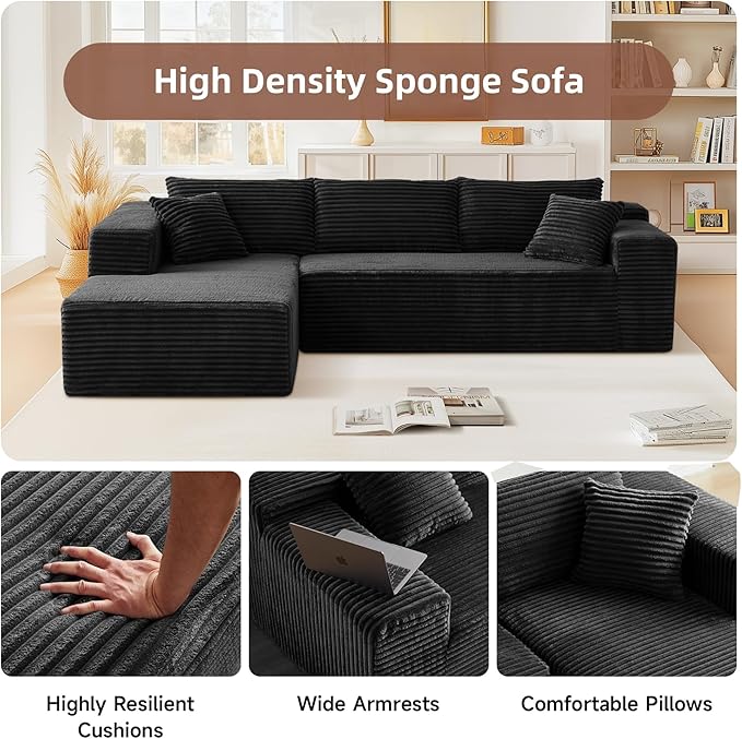 104” Sectional Cloud Couch, L-Shape Compressed Sofa with Right Chaise Lounge, Modern Modular Cloud Couches with 2 Pillows & Deep Seat, Flannel Velvet Floor Sofa for Living Room, Black