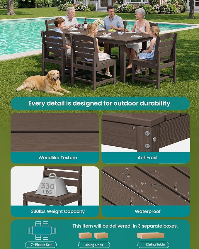 SERWALL Patio Dining Sets for 6 Person, HDPE Dining Set with 6 Armless Chairs, Coffee - Image 7
