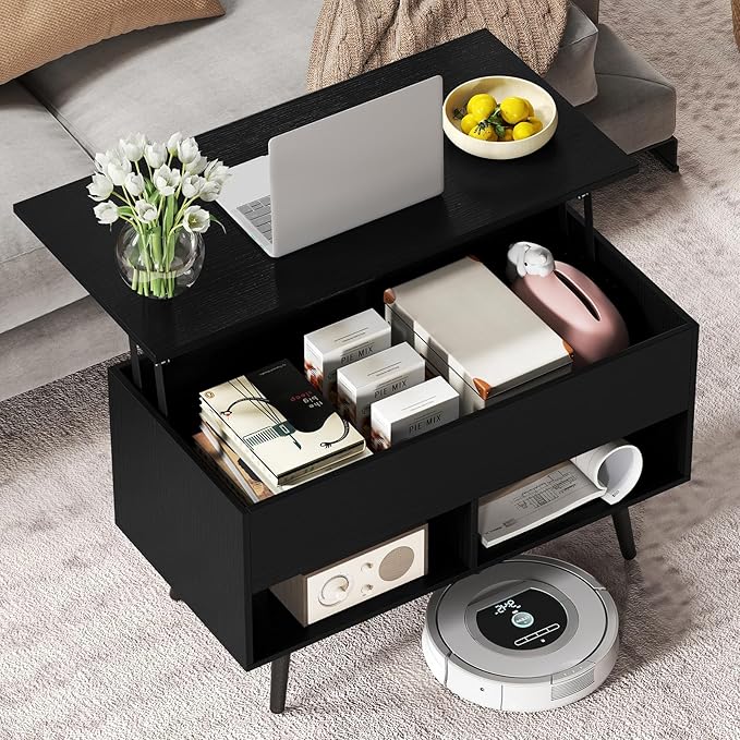 Tangkula Lift Top Coffee Table, Modern Cocktail Table with Hidden Compartment & 2 Open Shelves, Flip Top Center Table, Wooden Pull up Coffee Table for Living Room, Reception Room, Office (Black)