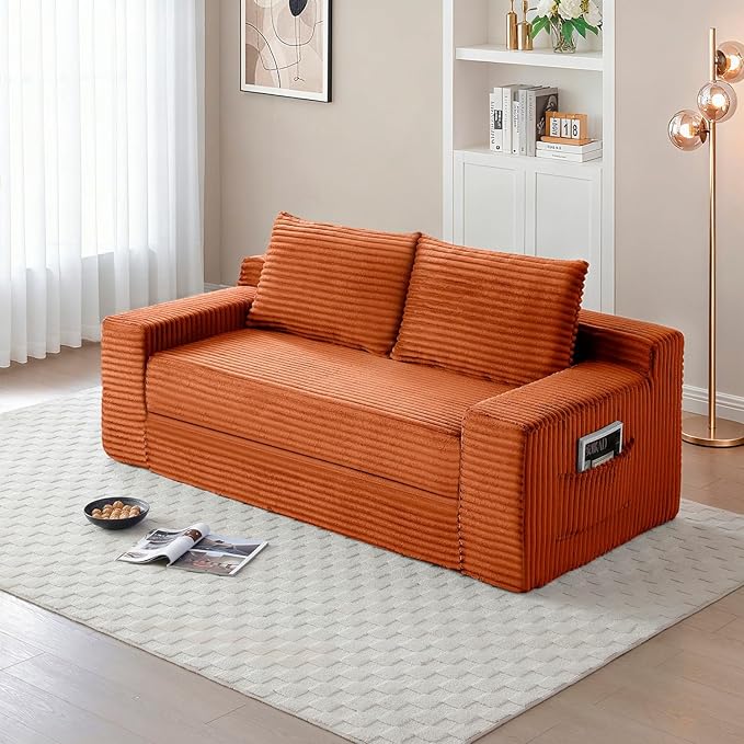 Convertible Sofa Bed, 2 in 1 Memory Foam Futon Couch, No Assembly Corduroy Foldable Sofa Bed, Comfy Floor Couch with 2 Pillows for Bedroom, Living Room, Apartment, Orange