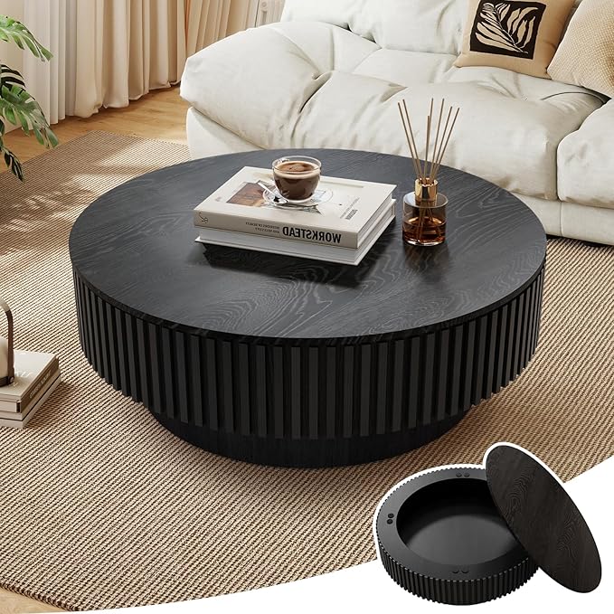 39.37'' Round Coffee Table with Storage, Modern Wooden Fluted Circle Coffee Table Unique Drum Center Table Wood Circular Tea Table for Living Room, Small Apartment, Office, Black