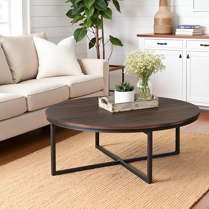 Arcadia 42-Inch Round Acacia Wood Coffee Table – Industrial Living Room Table with Antiqued Mocha Finish and Metal Sled Legs – Ideal Centerpiece for Sectionals and Sofas by Alaterre Furniture