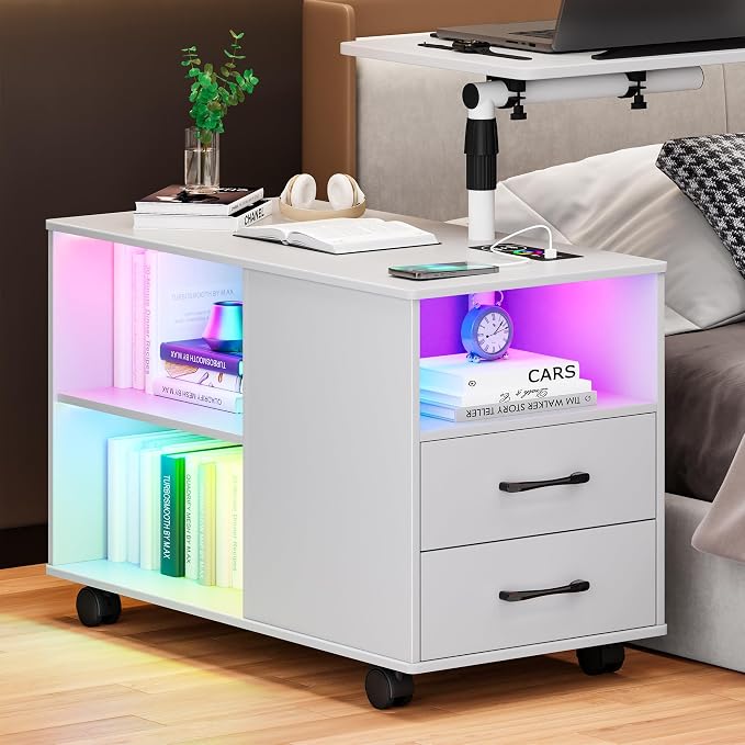 Gurexl 360° LED Nightstand with Wireless Charging Station for Bedroom, Movable Adjustable Bedside Table with Laptop Tray, Auto Sensor End Table with 24 Color Dimmable -White - Image 8