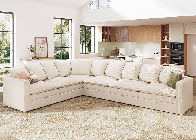 HONBAY Modular Sectional Sofa, 6 Seaters Corduroy Sectional Couch, L Shaped Couch with Storage & Pillows, Beige