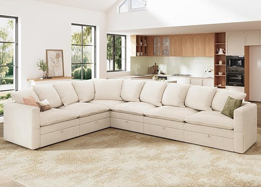 HONBAY Modular Sectional Sofa, 6 Seaters Corduroy Sectional Couch, L Shaped Couch with Storage & Pillows, Beige