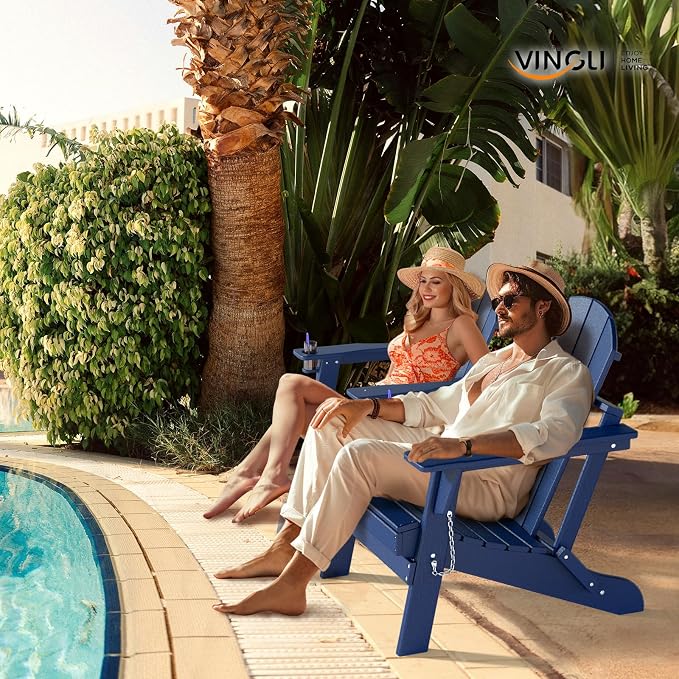 VINGLI Plastic Adirondack Chairs Set of 4, Folding with Cup Holder, Waterproof HDPE Material, Comfortable 380lb Weight Capacity for Outdoor Pool Patio Lounge Chair Lawn Furniture Firepit (Navy Blue) - Image 2