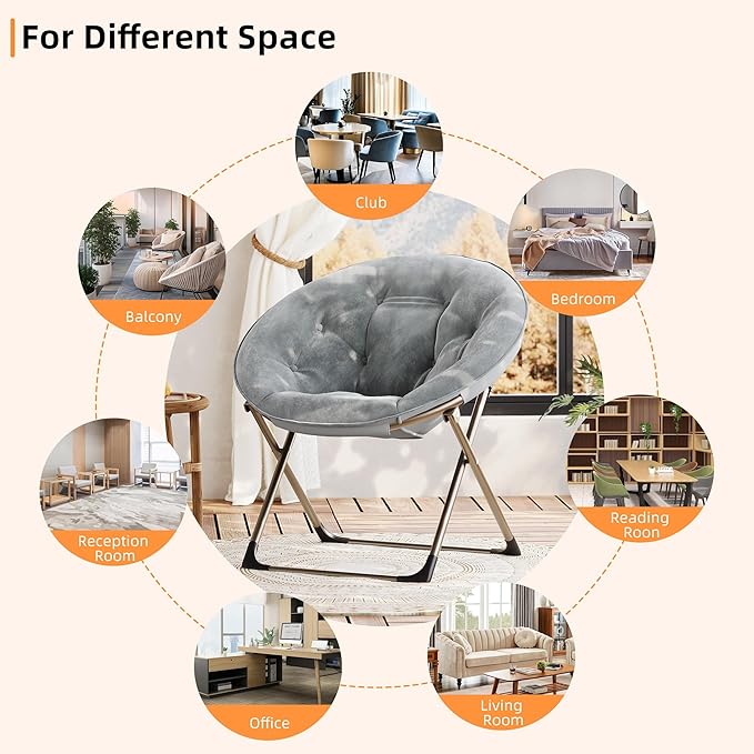 GAOMON Saucer Chair, Comfy Chair Faux Fur Lounge Moon Chair with Folding Metal Frame, Oversized Plush Flower Accent Seat for Adults, Teens & Kids, for Teens, Bedroom, Dorm or Living Room, Grey