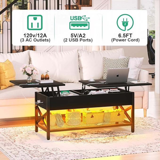 Coffee Table, Lift Top Coffee Table with Storage, LED Light & Power Outlet and Hidden Compartment, Retro Center Table for Living Room, X Support Wood Tabletop, Metal Frame,Black