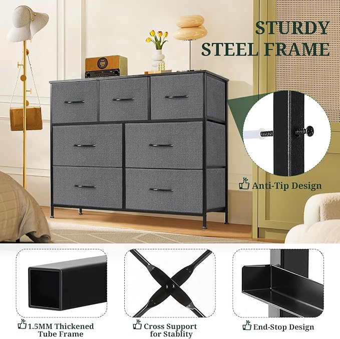 7-Drawer Dresser for Bedroom, Anti-Tip Wide Storage Organizer Fabric Chest of Drawers TV Stand for 45" TV with Wooden Top and Metal Frame for Closet, Living Room, Hallway, Entryway, Gray - Image 4