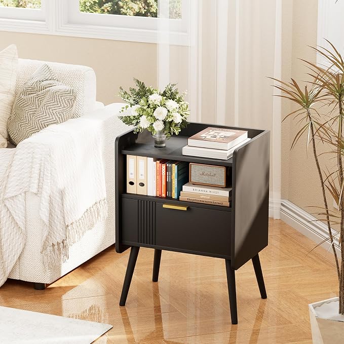 Aenuert Night Stand Modern End Table with Storage Drawer and Open Shelf, Small Bedside Stand, Wooden Sofa Side Table for Bedroom,Study Room and Small Spaces (Black) - Image 3