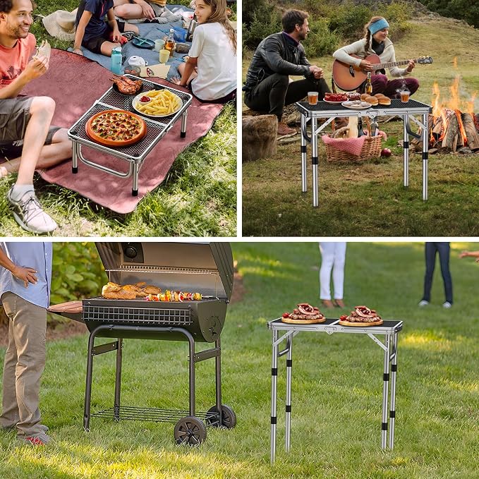 Anbte 2ft Folding Grill Table, Adjustable Height Max 27.5" Aluminum Camping Table, Heat-Resistant Tabletop, Lightweight, Portable Handle for Travel Cooking BBQ Picnic, 22.8" x 16", Silver - Image 8
