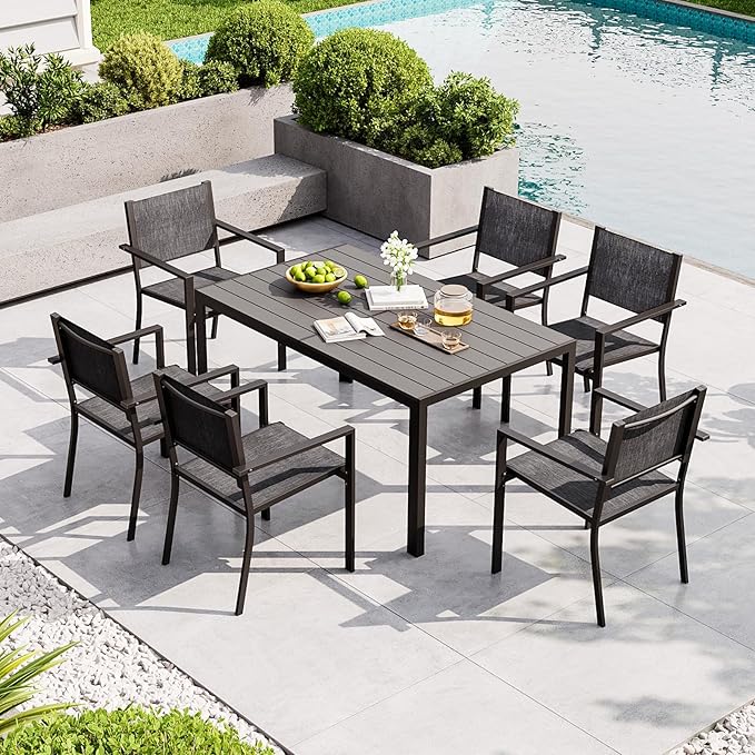 Aoxun 8-Piece Patio Table and Chairs Set & 15ft Patio Umbrella for 6, All Weather Outdoor Dining Set with 6 Textilene Chairs and 1 Rectangular Metal Table for Backyard, Garden, Grey/Blue - Image 2