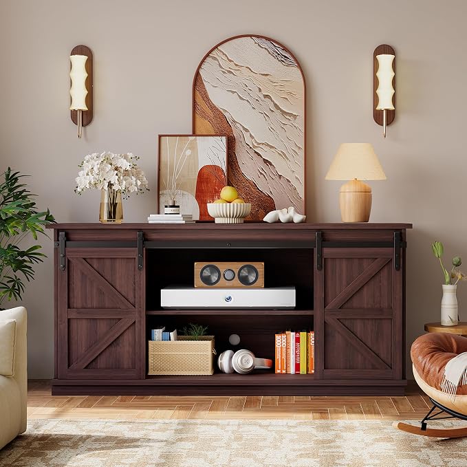 YESHOMY Farmhouse TV Stand for Televisions up to 65 Inch, Wood Entertainment Center with Sliding Barn Doors and 4 Storage Drawers, 58’’ Media Console Cabinet with Shelves for Living Room, Espresso - Image 3