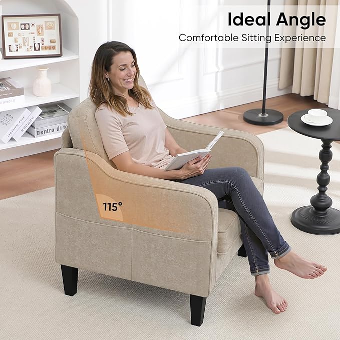 Accent Chair for Living Room, Mid Century Modern Reading Chair for Bedroom, Upholstered Armchair with Side Pockets, Comfy Single Sofa Side Chair for Office, Apartment, Small Room, Light Brow