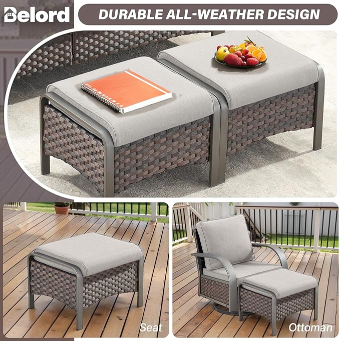 Belord Patio Conversation Sets - 7 Piece Outdoor Patio Furniture Sets with Swivel Rocker Outdoor Chairs, Wicker Couch, Rattan Ottoman for Lawn Backyard Porch Garden, Brown