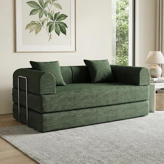 59'' Convertible Compressed Corduroy Folding Cloud Sofa Bed, Modern Boneless Pull Out Loveseat Sleeper in a Box, 4 in 1 Floor Mattress Futon Cloud Couch, No Assembly Needed, Green, 2 Pillows, Queen