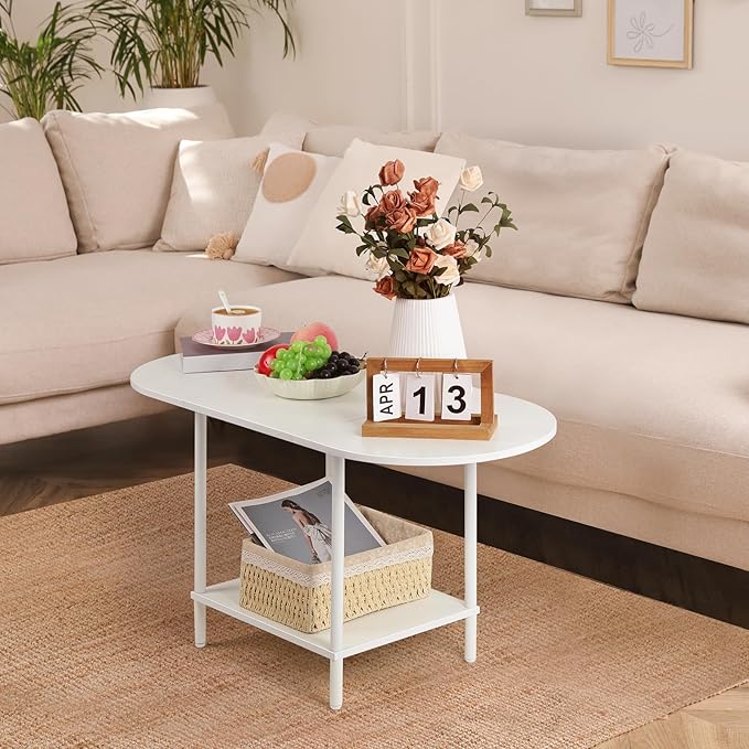 OYEAL White Coffee Table for Living Room, Small Oval Coffee Table with Storage and Wood Tabletop, Mid Century Round Center Table for Small Space, Home Office