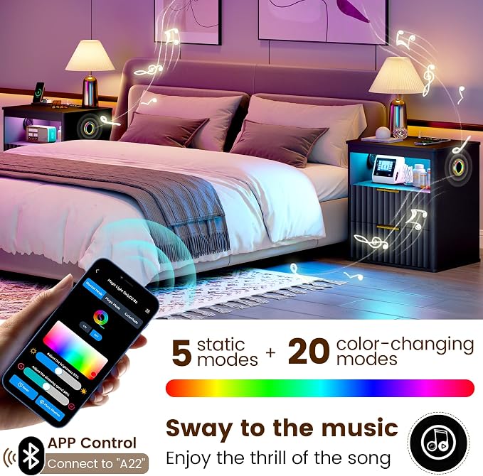 WOOVIVS Modern NightStand with Smart Human Sensor Lights, Bluetooth Music and 2 Large Storage Drawers, Bedside Table for Bedroom, Fluted Design, 23.6" H (Black) - Image 3
