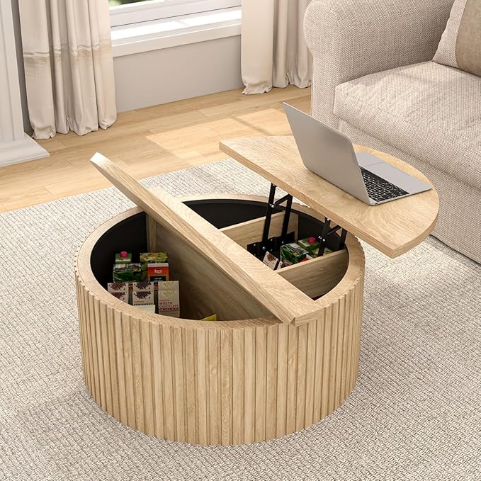 Fluted Lift Top Coffee Table with Hidden Storage, 31.6 Inch Round Coffee Tables for Living Room, Circle Wood Center Tables for Home (Wood Color)