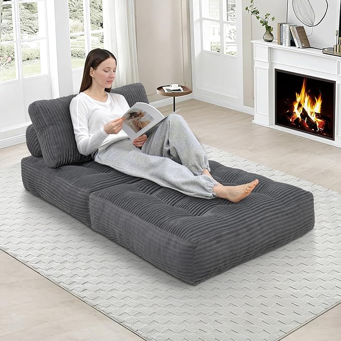 Folding Sofa Bed, Convertible Sleeper Chair with Pillow & Handle, Foldable Mattress Futon Chair Bed Lounge with Back Support, Comfy Floor Sofa for Living Room Bedroom, Grey, Single