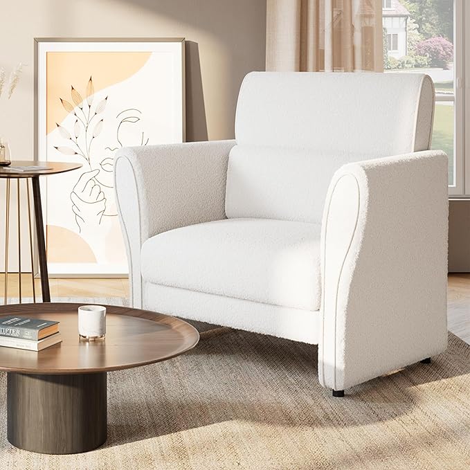 GarveeHome Modern Accent Chair, Boucle Upholstered Armchair for Living Room, Mid-Century Lounge Chair, Comfy Single Sofa for Bedroom, Office, Ivory