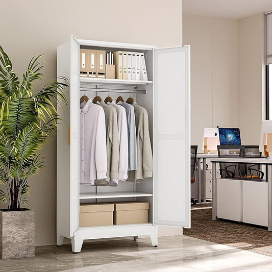 71" Tall Metal Armoire Wardrobe Closet, Clothing Storage Cabinet, Freestanding Wardrobe Cabinet with 2 Adjustable Shelves for Bedroom, Office, Garage