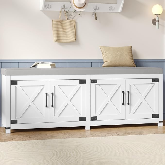 Hzuaneri Shoe Storage Bench, 2 Tier Shoe Bench with Padded Seat Cushion & 4 Barn Doors, 59" Entryway Bench with Adjustable Shelf, Farmhouse Shoe Cabinet for Living Room, Bedroom, White SB31503GY by Hzuaneri