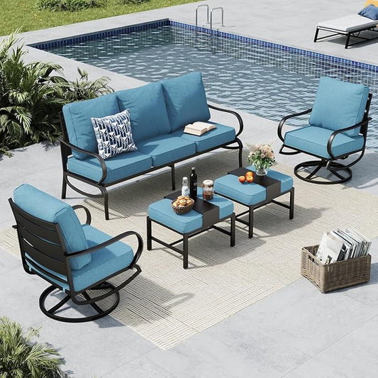 MFSTUDIO 5 Pieces Patio Conversation Sets,Outdoor Metal Furniture Sofas with 1 x 3-Seat Sofa, 2 x Swivel Chairs,2 x Ottoman,Wrought Iron Frame with Navy Cushion for Patio Courtyard Balcony