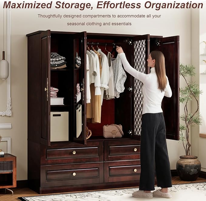 Solid Wood Armoire Wardrobe Closet, 4 Door Solid Wood Wardrobe Cabinet with 4 Drawers, Armoire Closet with Hanging Rods Storing Clothes for Bedroom (Dark Brown-7)