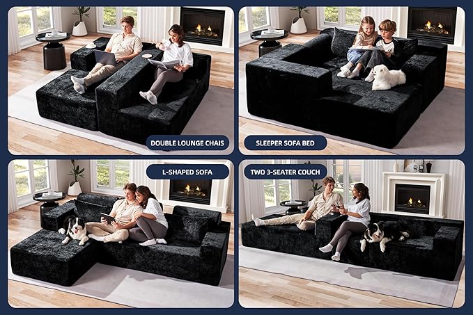 Homguava Modular Sectional Couches for Living Room,105" Cloud Couch with L-Shape Chaise,Comfy Sofa Living Room Couch with Deep Seat,No Assembly L Couch,Luxury Distressed Velvet(Black,L)
